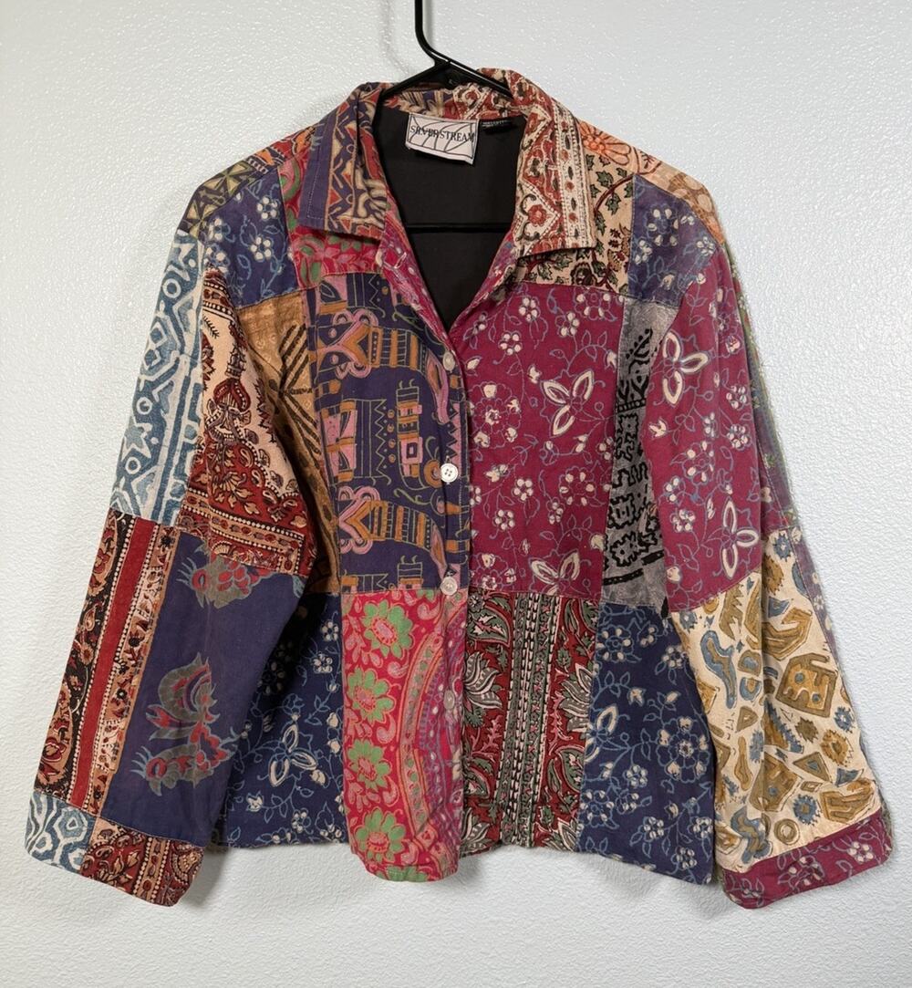 Vintage Women's Patchwork Cotton Jacket Boho Floral Paisley Button Front OS